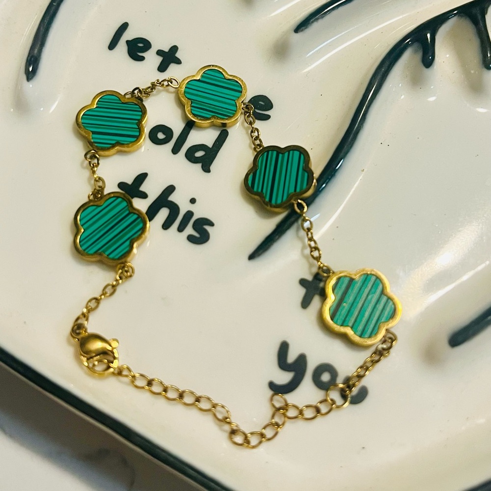 ❤️‍🔥BOGO FREE 18k Gold Plated Green Turquoise Clover Charm Bracelet Italy
